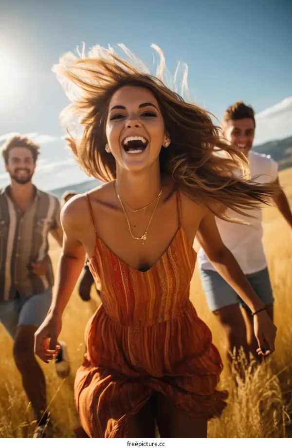Four friends running through a field of wheat