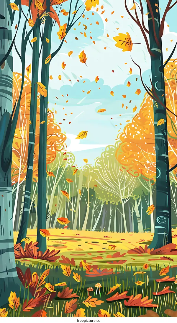 Autumn Forest Illustration with Fallen Leaves and Trees