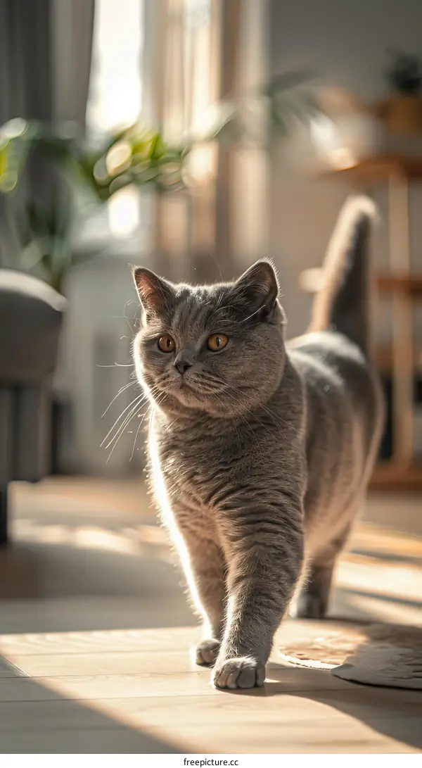 A cute gray cat is walking on the wooden floor in the living room