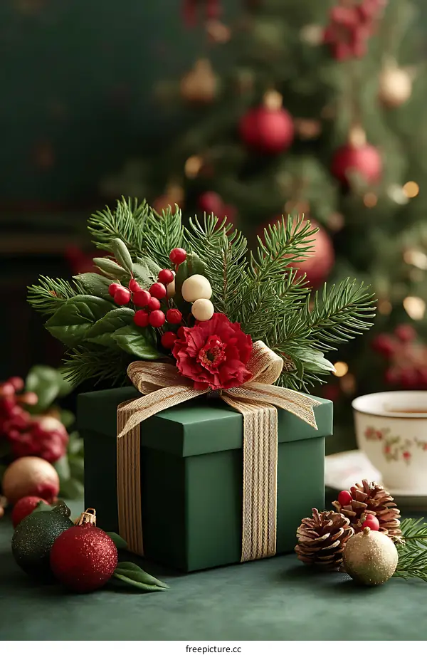 Christmas Gift Box Decorated with Festive Greens and Red