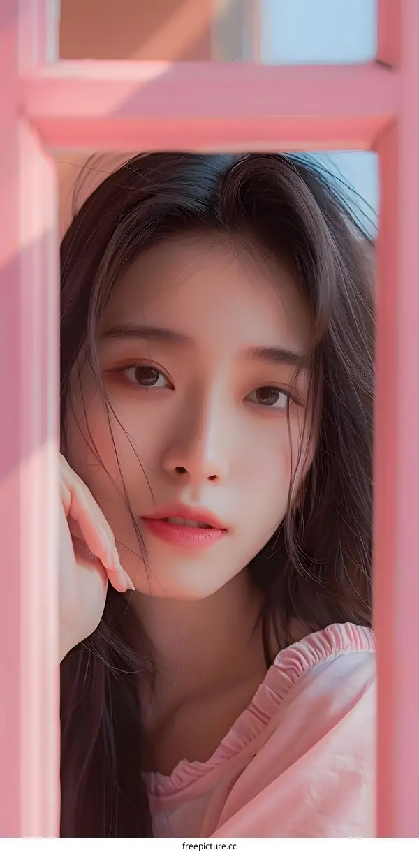 Portrait of a Young Woman with Long Black Hair Looking at Camera