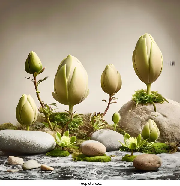 Green Lotus Buds on Grey Stones