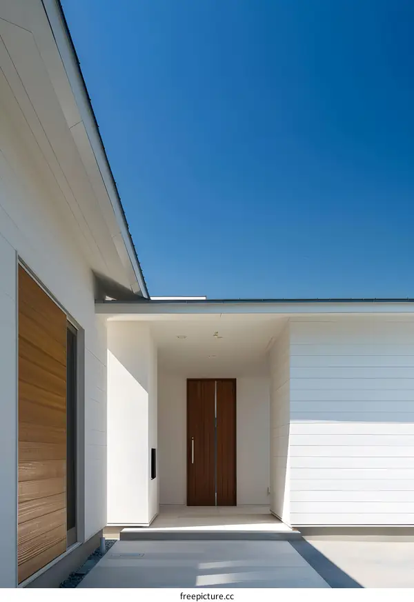 Modern House Entrance With Wooden Door and Blue Sky