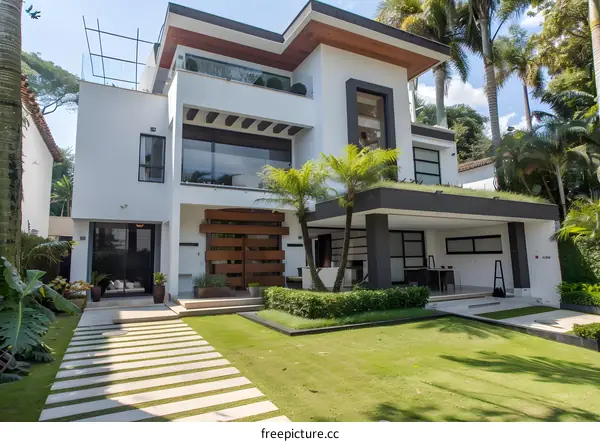 Modern White House with Green Lawn and Palm Trees
