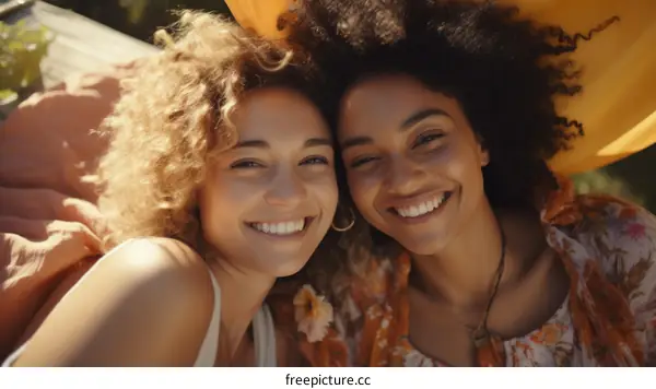 Two young multiracial women smiling at the camera