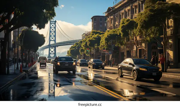 Urban city street with cars and buildings