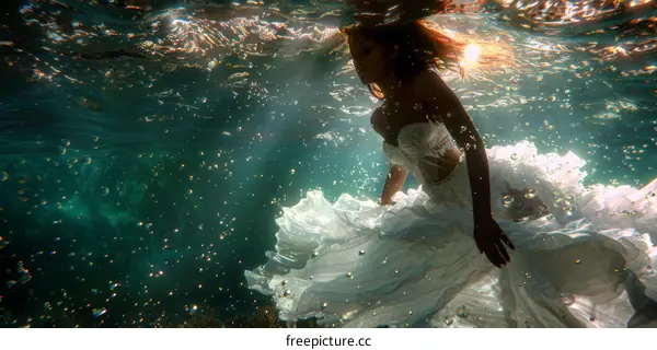 Submerged Bride: A Woman in White Under the Waves