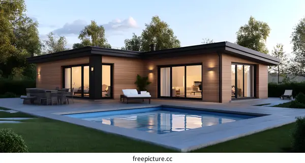 Modern Wooden House with Swimming Pool Design