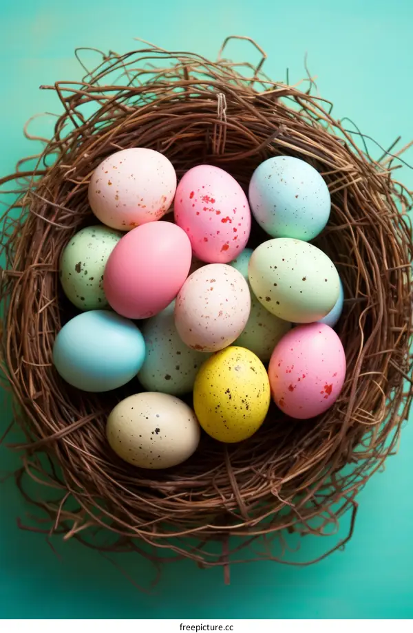 A variety of colorful speckled Easter eggs in a nest on a blue background