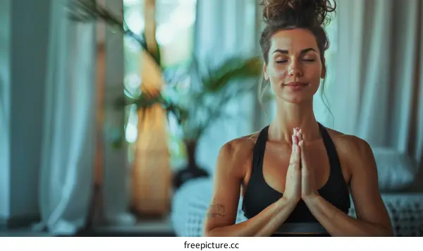 Young woman in sportswear meditating at home with eyes closed