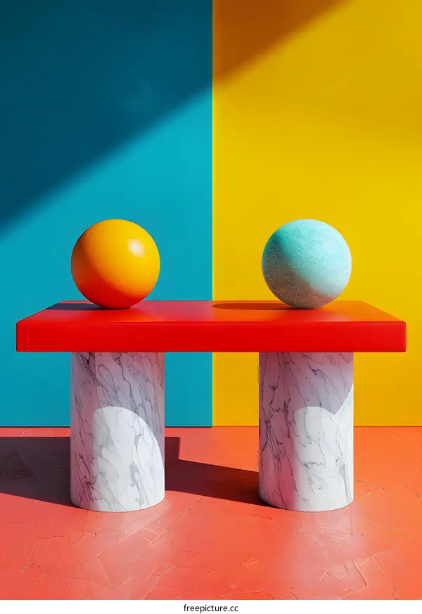 3D rendering of two spheres on a table against a blue and yellow background