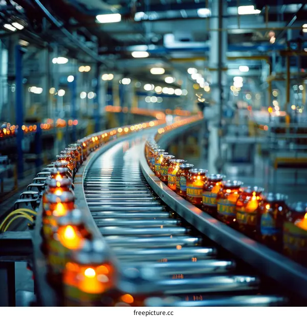Bottling plant with conveyor belt full of amber glass bottles