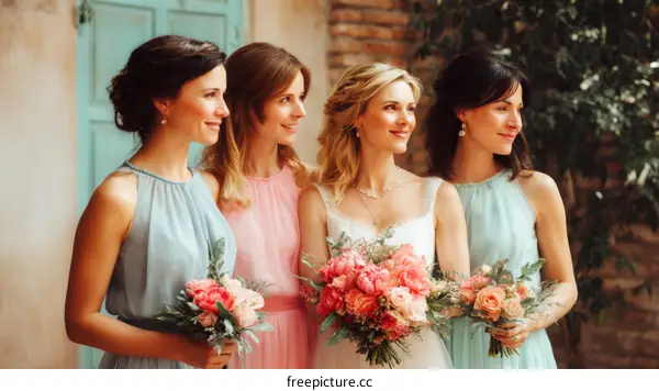Beautiful Bridesmaids in Pastel Dresses at Wedding