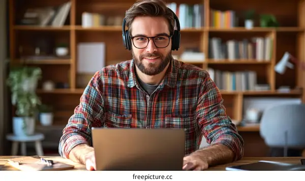 Man Working on Laptop in Home Office