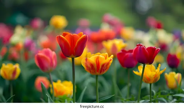 Colorful Tulips Blooming in a Field