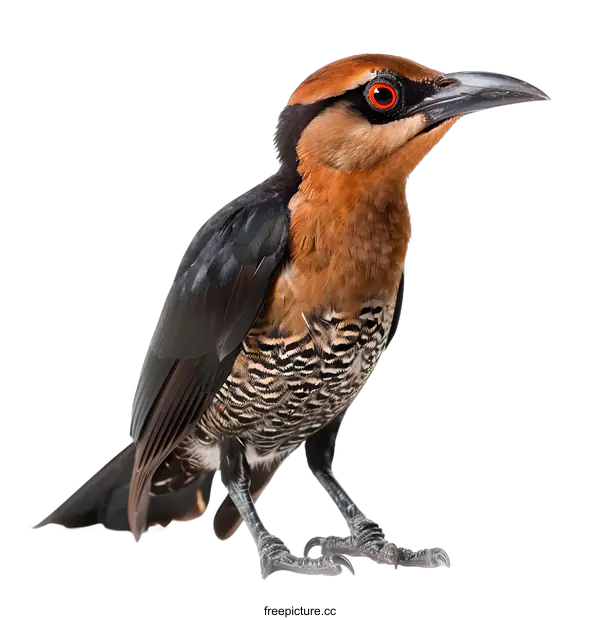 [Transparent Background PNG]Brown and Black Bird with Red Eyes on White Background