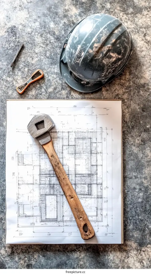 Construction Drawings and Tools on a Concrete Surface