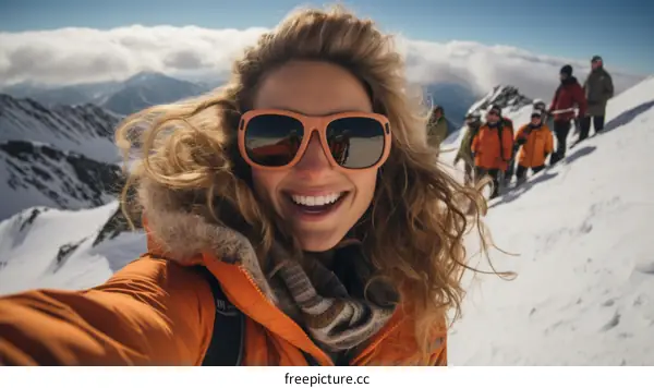 Happy woman in the mountains with her friends