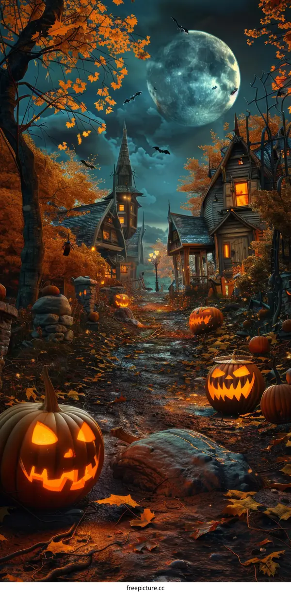 Spooky Halloween Village with Haunted House, Pumpkins, and Bats