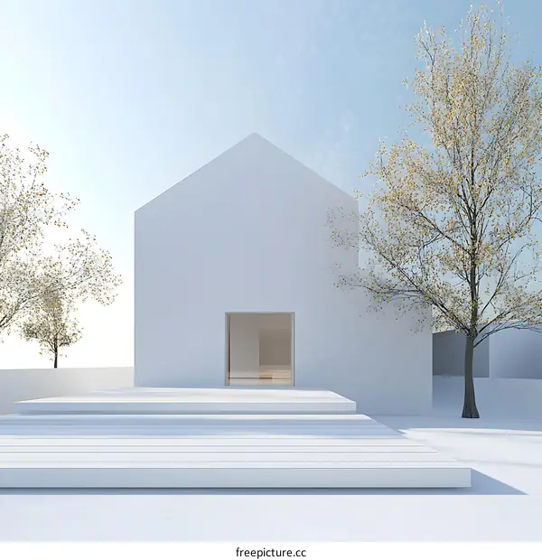 Minimalist Modern House Design With White Walls And Trees