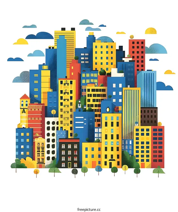 Colorful Cityscape Illustration With Buildings And Trees