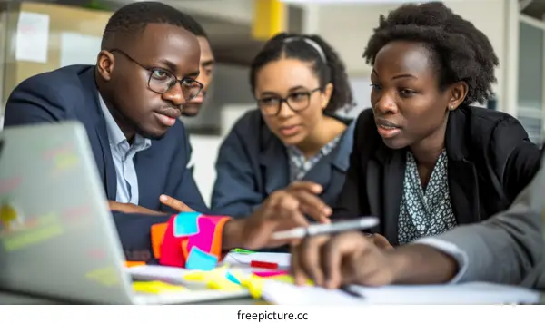 Four people in a meeting discussing ideas