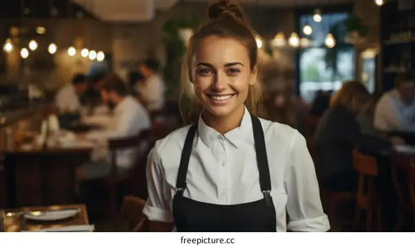 Portrait of a Smiling Waitress in a Busy Restaurant