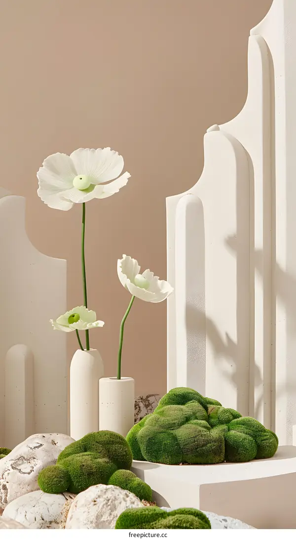 White Flowers in Vases on a Minimalist Background with Moss