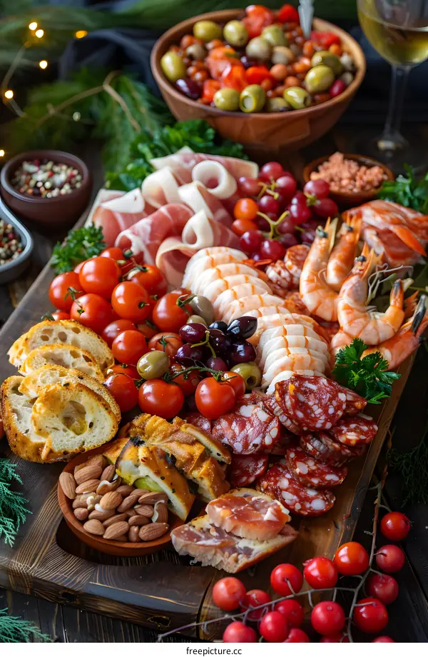 Italian antipasto platter with bread, cheese, olives, tomatoes, grapes, and nuts