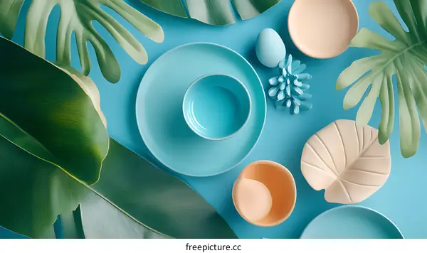 Tropical Leaves and Pastel Colored Ceramic Dishes
