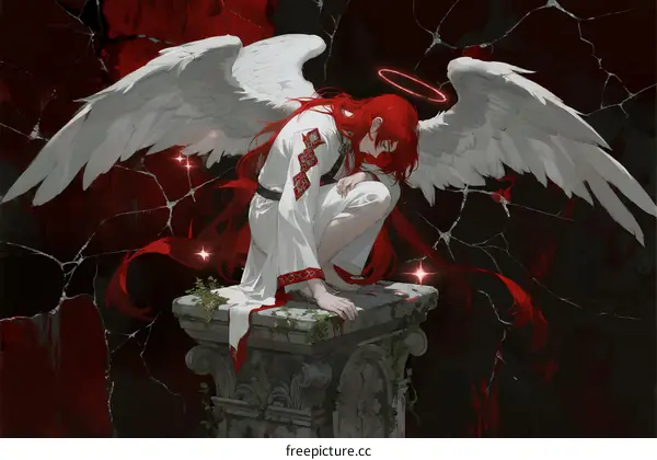 A sorrowful angel with white wings sitting on a cracked stone pillar