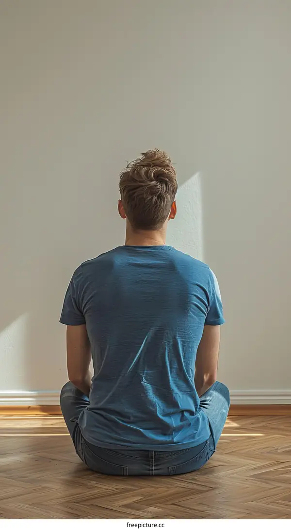 A blond man sits on the floor with his back to the camera