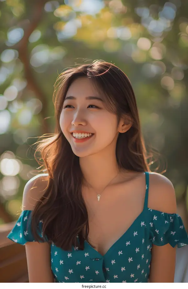 Smiling Asian Woman in a Green Dress Outdoors