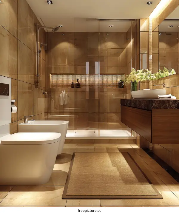 Bathroom interior with brown marble tiles, glass shower enclosure, and white bathtub