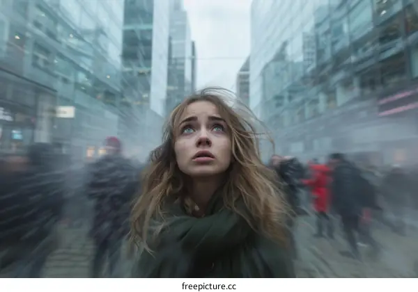 A girl looking up at a tall building with a crowd of people walking by