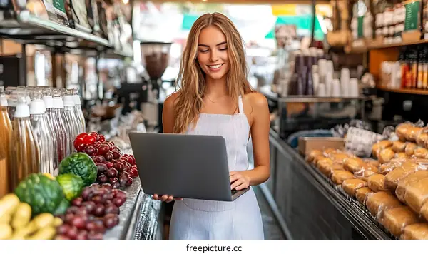 Woman Working on Laptop in Grocery Store