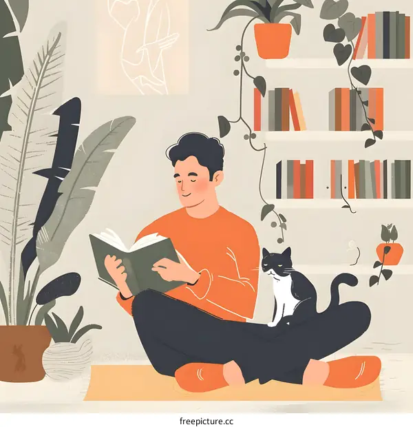 Man Reading Book with Cat and Plants Illustration