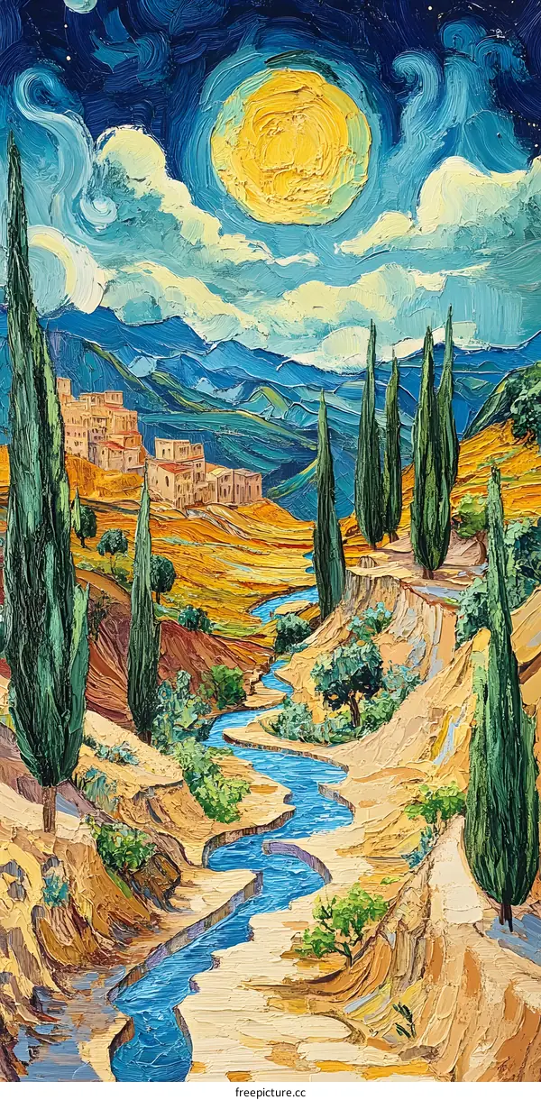 Night Sky Painting With Mountain Landscape And Winding River