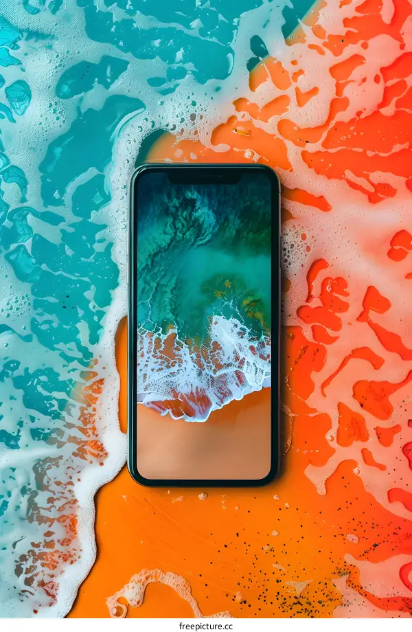 Smartphone on Blue and Orange Background with Foam
