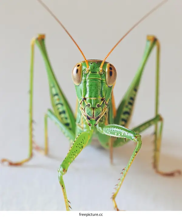 A green katydid perches on a white surface