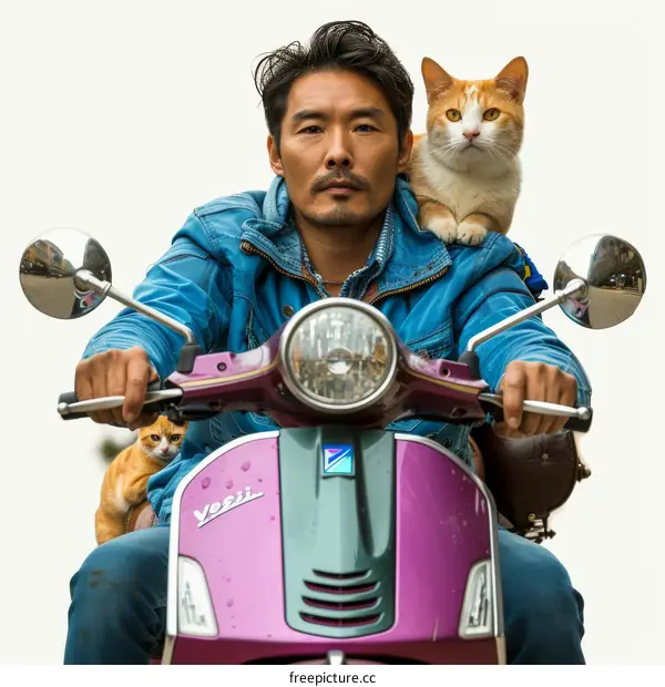 A man riding a scooter with two cats on his shoulders
