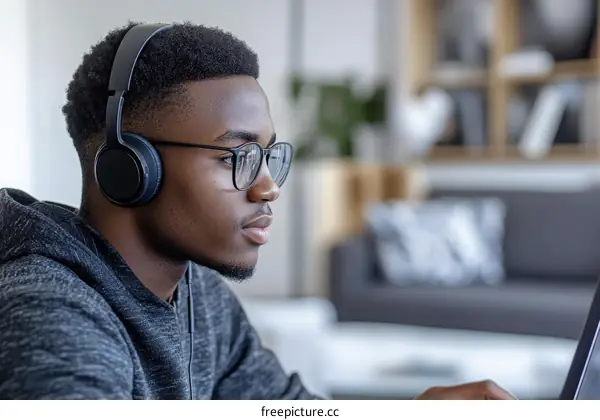 Young Man Wearing Headphones and Glasses Studying