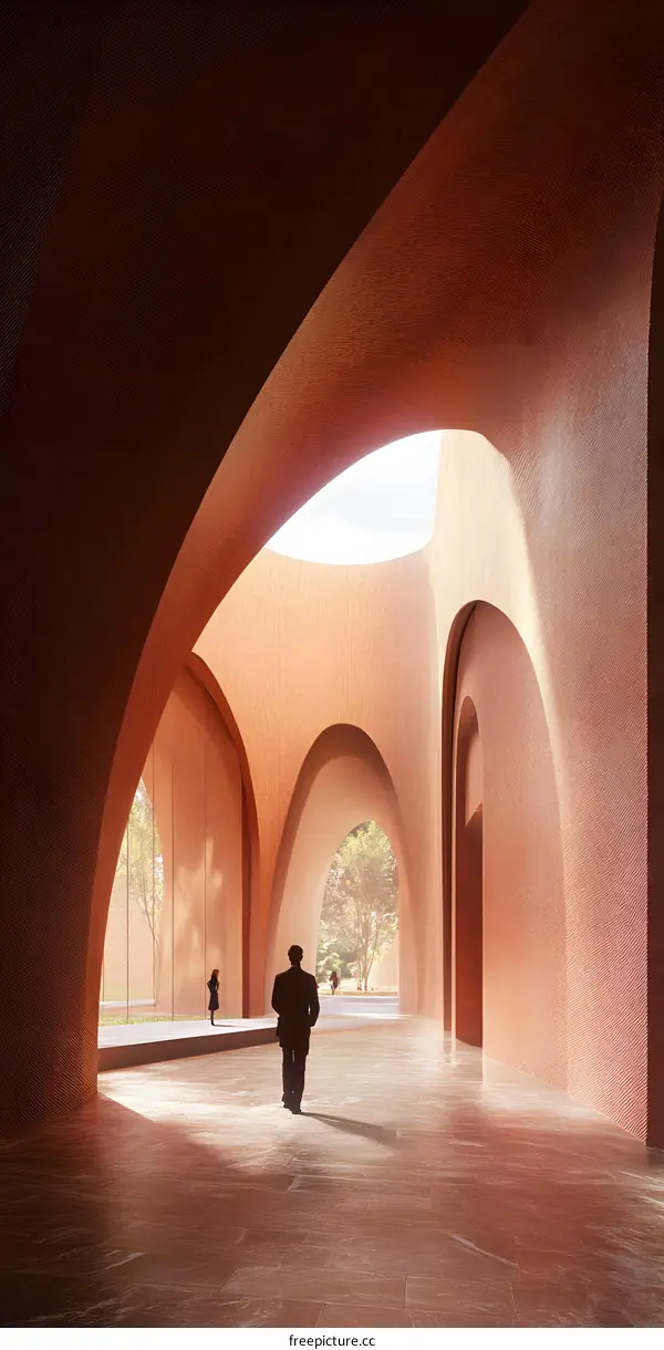 Modern Architectural Design of a Brick Building With Curved Walls and Arches