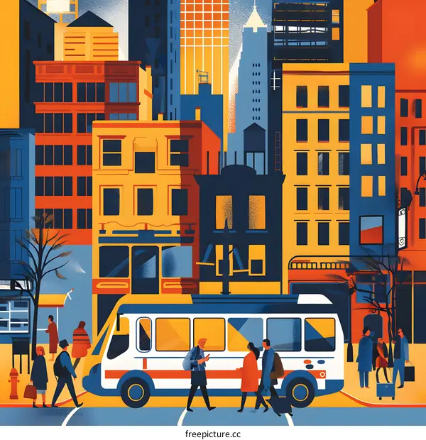 Cityscape Illustration with People and Bus