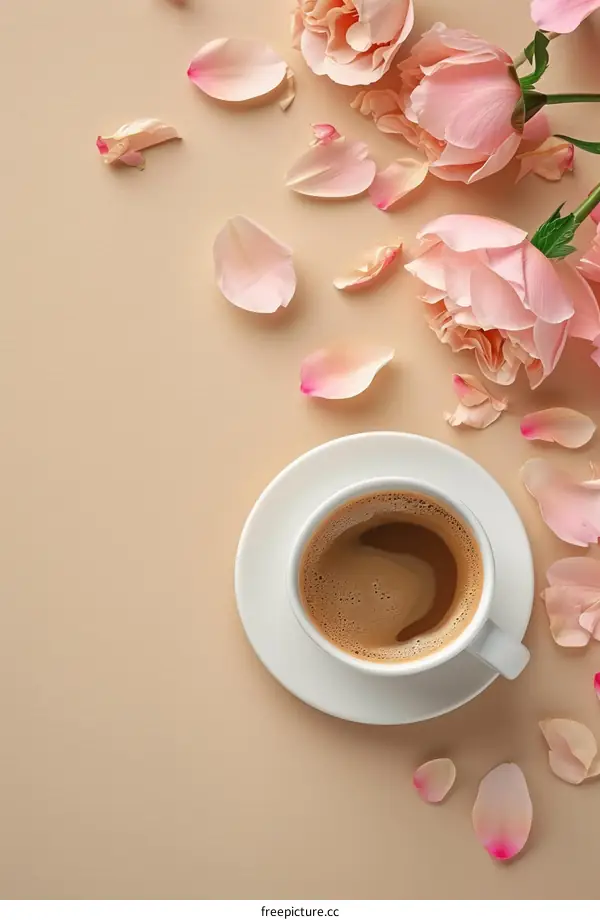 Pink peonies and a cup of coffee on a beige background