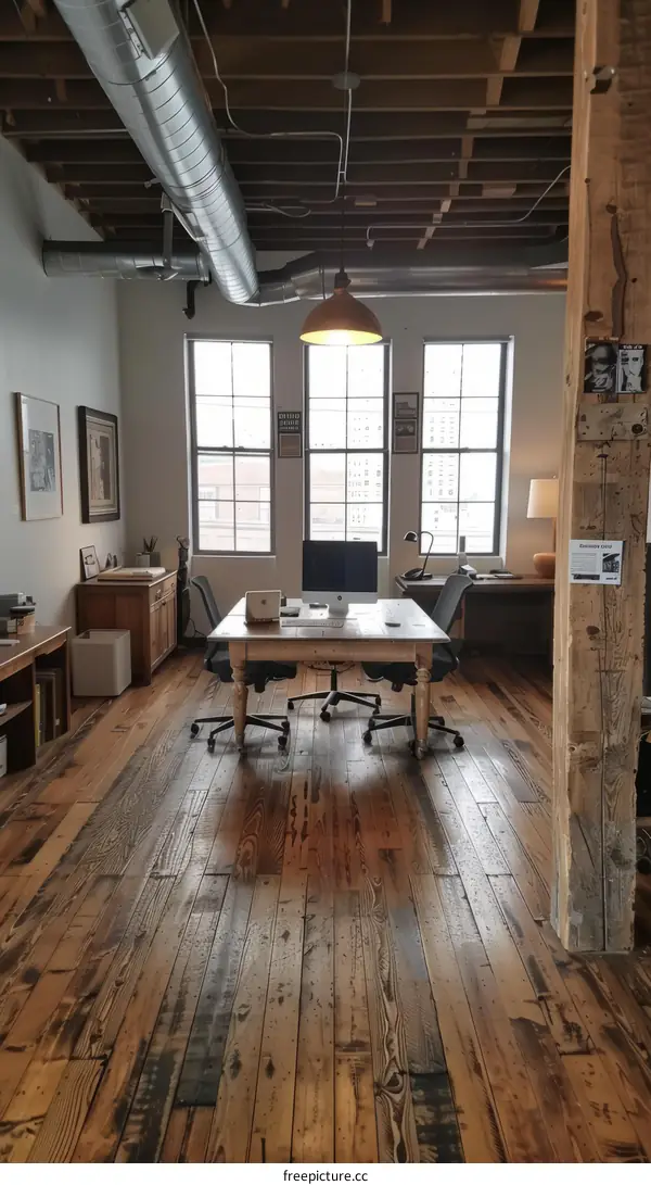 Industrial Office Space With Exposed Beams and Wood Plank Flooring