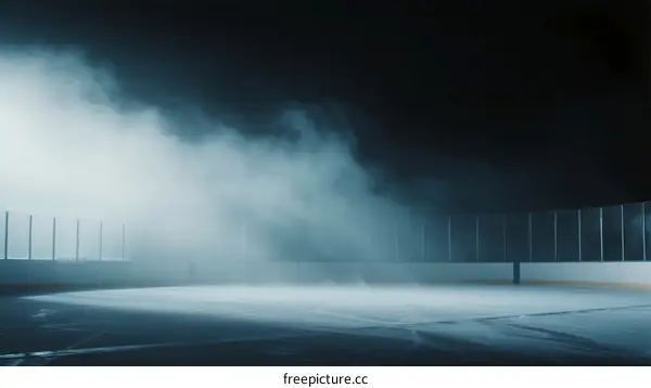 Misty ice hockey rink at night with fencing around