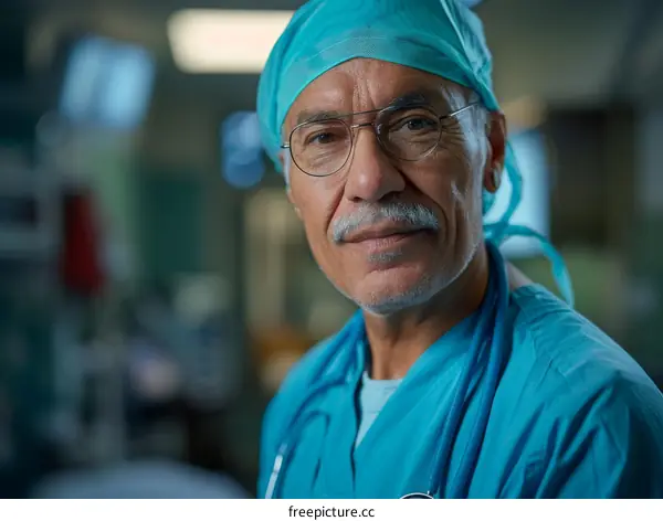 Portrait of a male surgeon in scrubs and a surgical cap