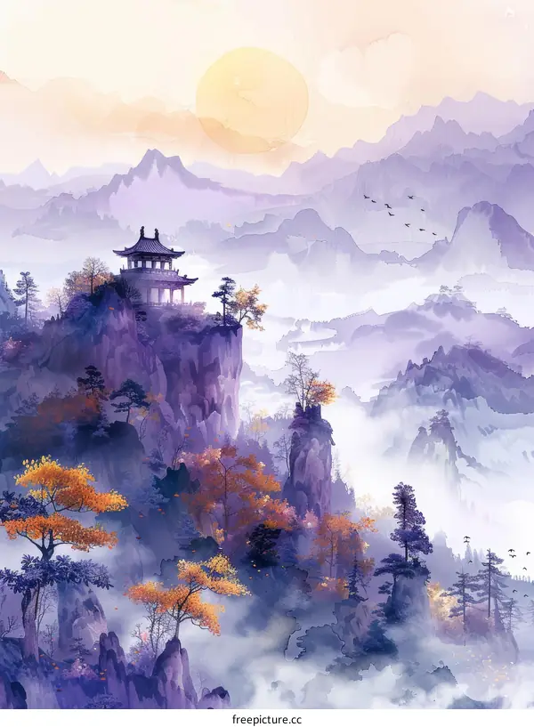 Purple mountains with traditional chinese pavilion