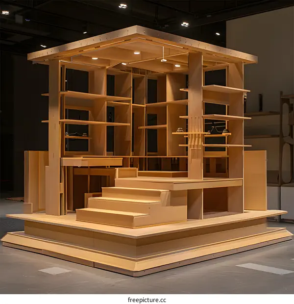 Wooden Structure with Shelving and Staircase